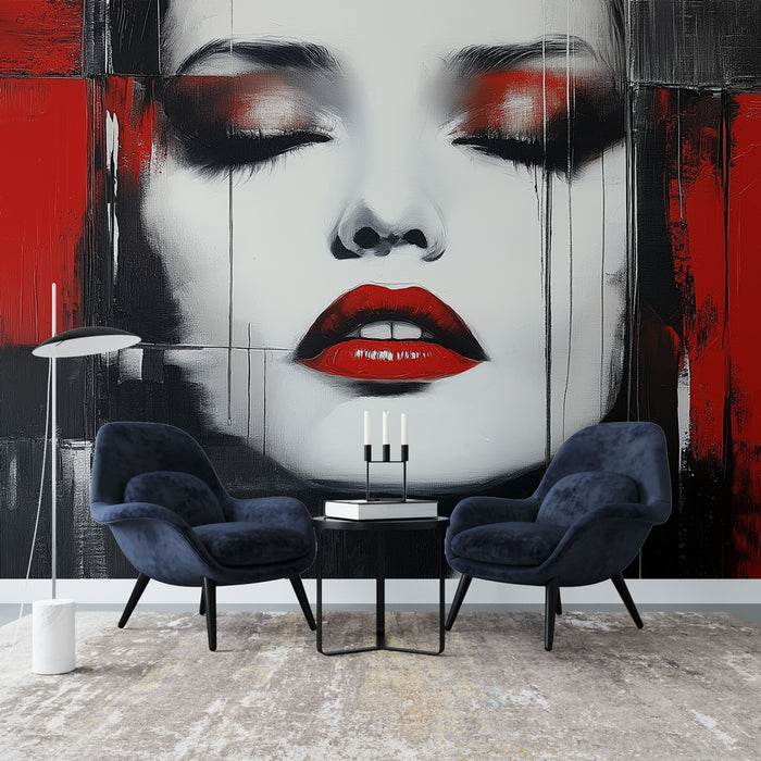 Papier peint abstrait avec visage féminin, accents rouges et noirs pour salon moderne