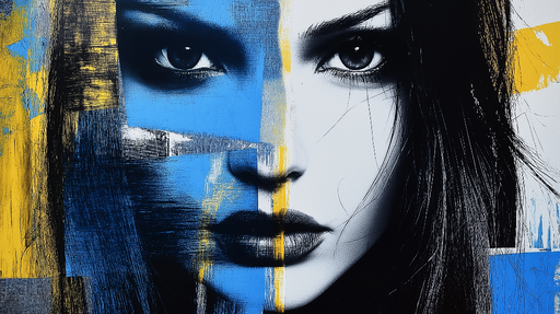 Papier peint portrait abstrait Visage féminin avec des touches de bleu et jaune