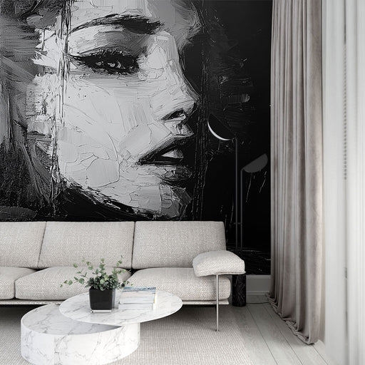 Papier peint abstrait noir et blanc avec portrait féminin pour salon moderne
