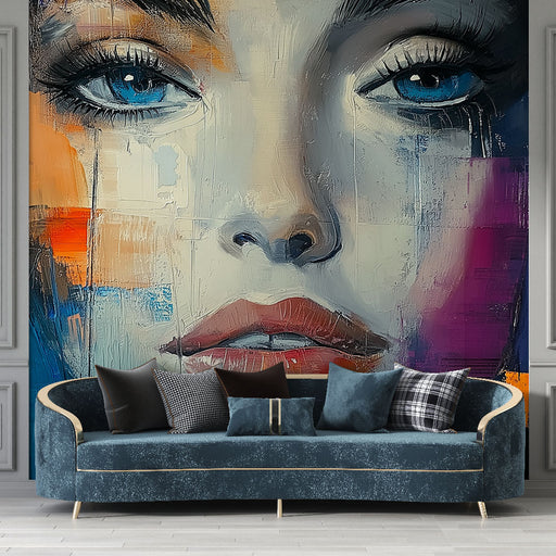 Papier peint abstrait avec portrait féminin et touches de couleur vibrantes pour salon moderne