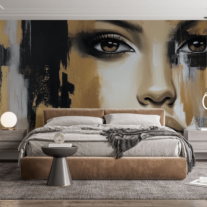 Papier peint abstrait avec visage féminin stylisé en noir et doré pour chambre moderne.