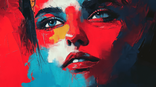 Papier peint portrait abstrait Visage féminin vibrant dans des teintes rouges et bleues
