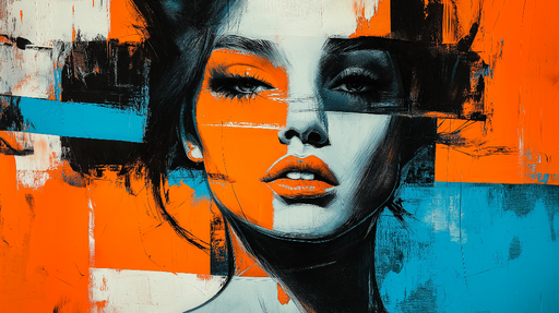 Papier peint portrait abstrait Visage féminin vibrant en orange et bleu