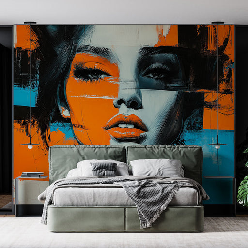 Papier peint abstrait avec portrait féminin vibrant en orange et bleu pour chambre moderne