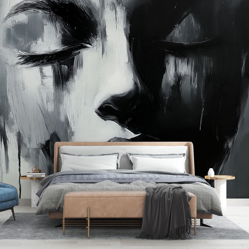 Papier peint abstrait visage monochrome en noir et blanc pour chambre moderne