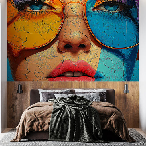 Papier peint abstrait avec visage stylisé aux couleurs vibrantes pour chambre moderne