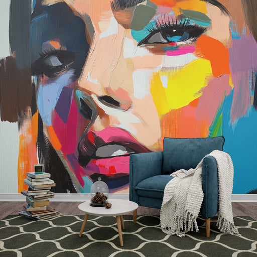 Papier peint abstrait visage stylisé aux couleurs vives pour salon moderne