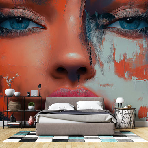 Papier peint portrait abstrait avec visage stylisé et couleurs vives pour décoration murale moderne.