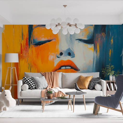 Papier peint abstrait avec visage stylisé et palette de couleurs vives pour salon moderne