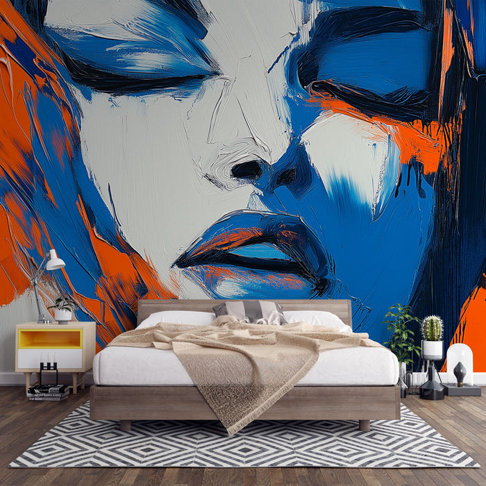 Papier peint abstrait avec visage stylisé en bleu et orange pour chambre moderne