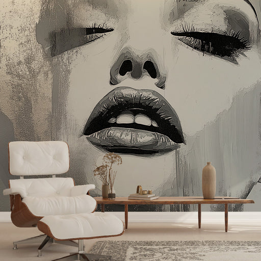Papier peint abstrait noir et blanc avec visage stylisé et touches métalliques pour salon moderne