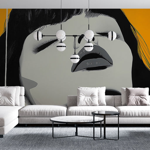 Papier peint abstrait avec visage stylisé sur fond orange intense pour salon moderne
