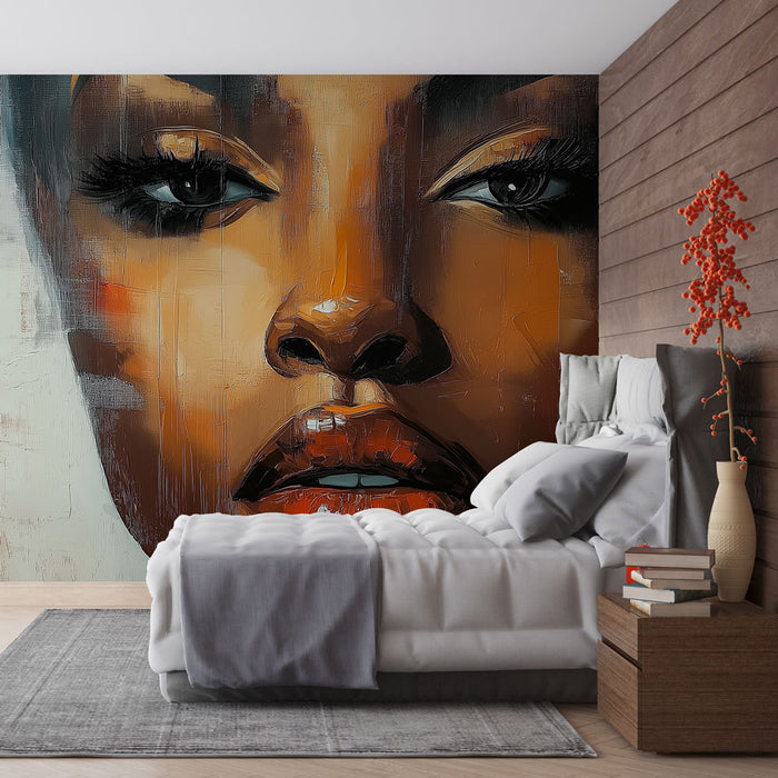 Papier peint artistique avec portrait de femme aux nuances orange et crème pour chambre moderne