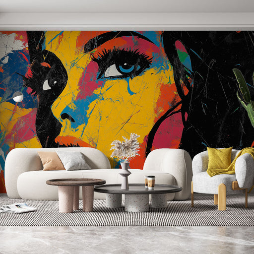 Papier peint artistique coloré avec illustration dynamique d'un visage féminin pour salon moderne.