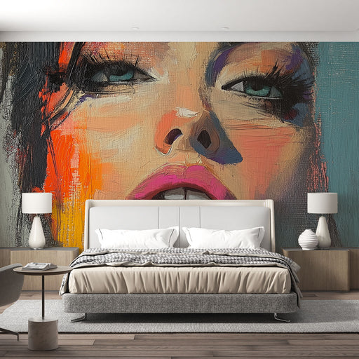 Papier peint artistique avec portrait féminin vibrant pour chambre moderne