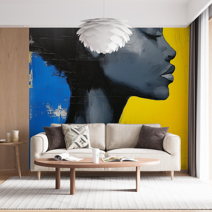 Papier peint artistique avec portrait de profil sur fond coloré pour salon moderne