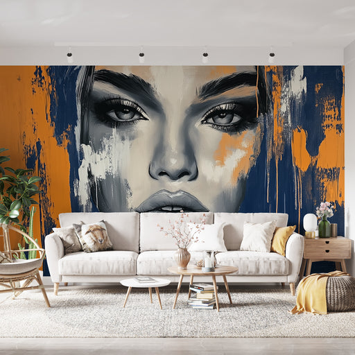 Papier peint artistique avec visage féminin stylisé et touches vibrantes pour salon moderne