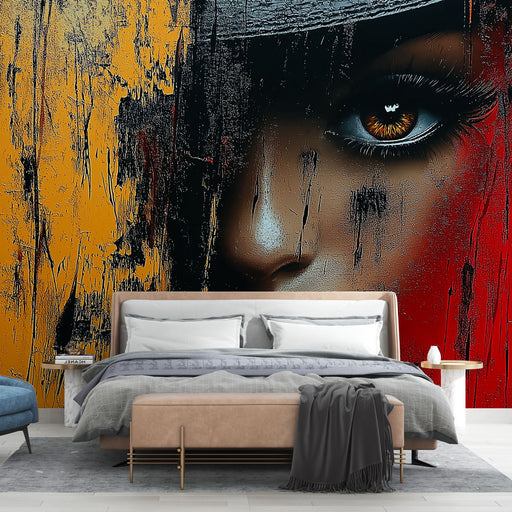 Papier peint artistique avec visage mystérieux et couleurs vives pour chambre moderne