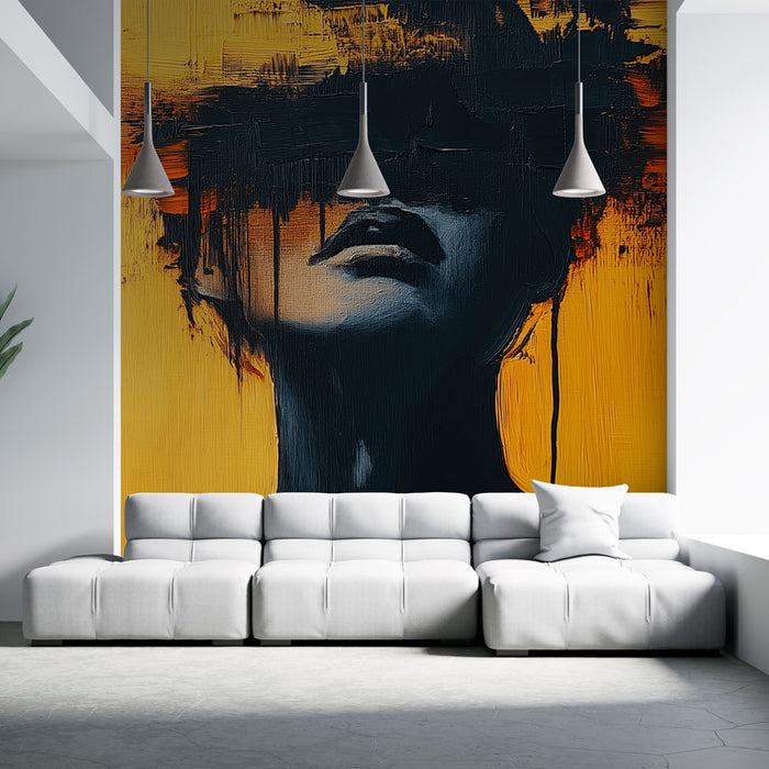 Papier peint artistique avec visage abstrait sur fond orange éclatant pour salon moderne