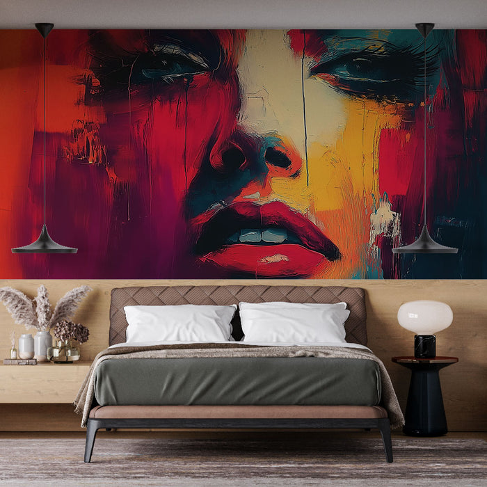 Papier peint artistique avec portrait expressif aux couleurs vives pour décoration de chambre moderne