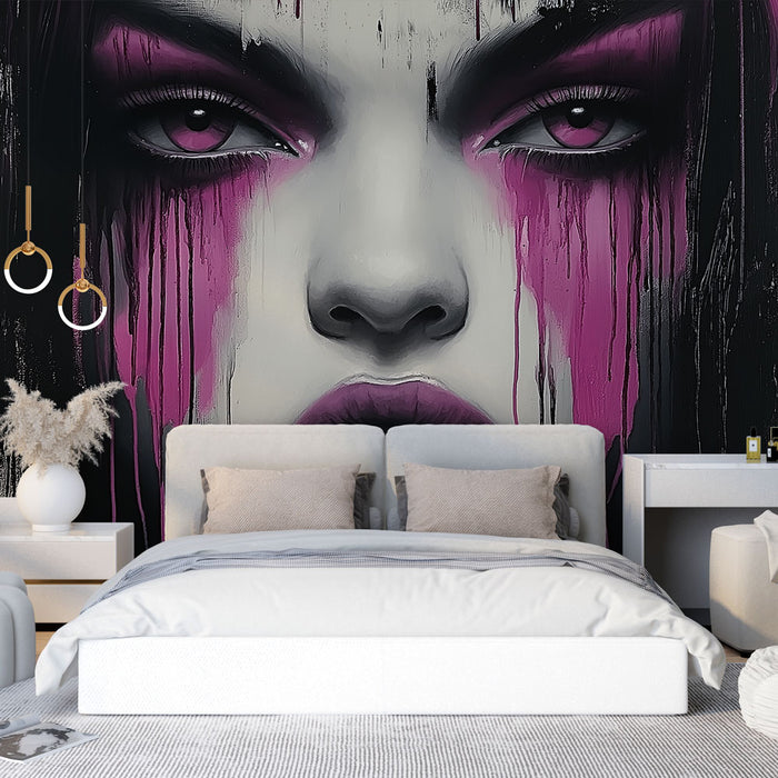 Papier peint artistique avec visage et larmes de peinture rose pour chambre moderne