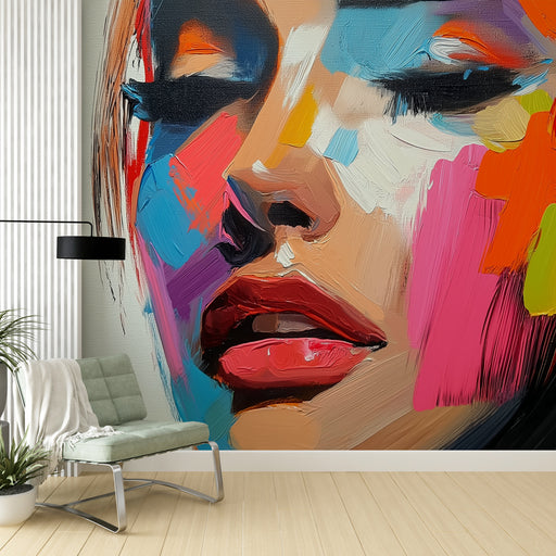 Papier peint artistique visage coloré avec touches vibrantes pour salon moderne