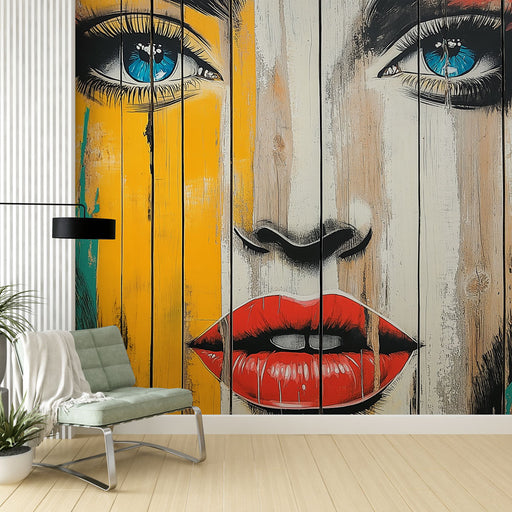 Papier peint artistique avec visage coloré, yeux vifs et lèvres rouges pour salon moderne.
