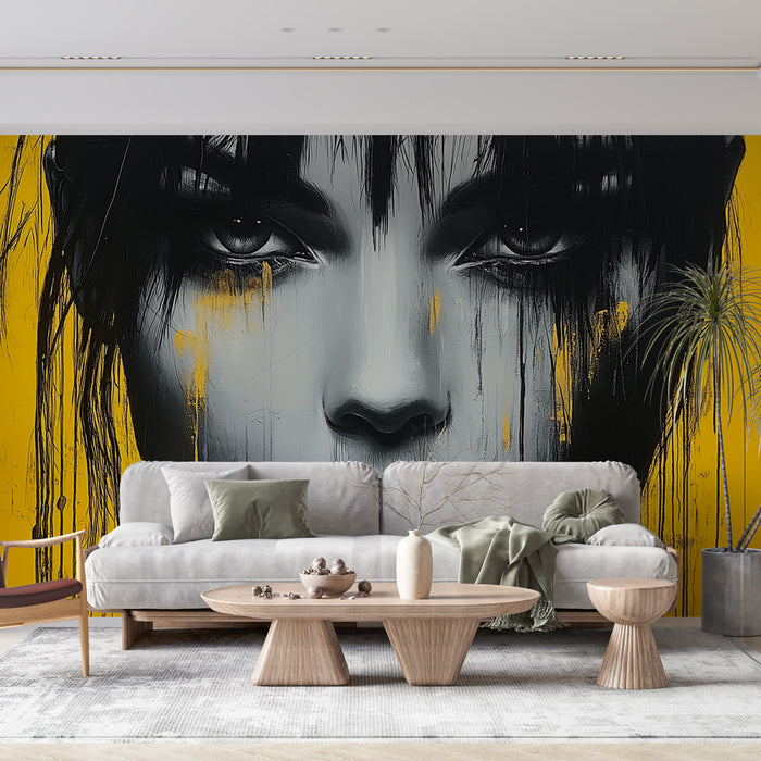 Papier peint artistique avec portrait expressif sur fond jaune vibrant pour salon moderne.