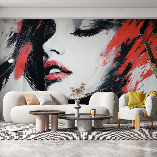Papier peint artistique avec visage féminin aux accents rouges et noirs pour salon moderne