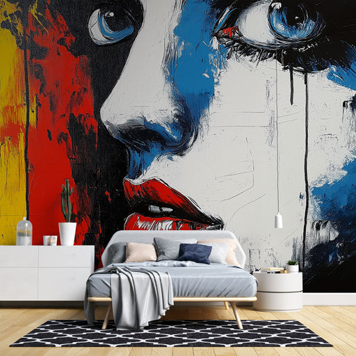 Papier peint artistique avec visage féminin aux couleurs vives et contrastées pour salon moderne