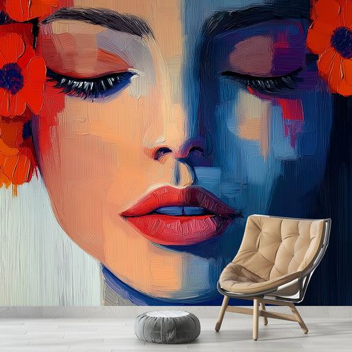 Papier peint artistique avec visage féminin et fleurs colorées pour décoration murale moderne.