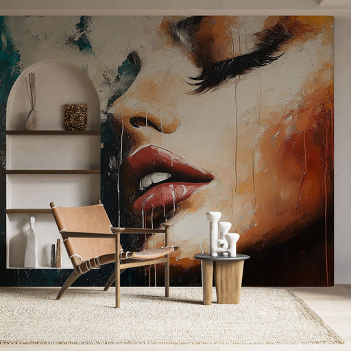 Papier peint artistique avec portrait féminin et éclats de couleur pour salon moderne