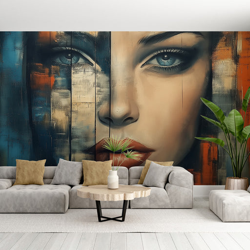Papier peint artistique avec visage féminin stylisé aux couleurs vibrantes pour salon moderne.