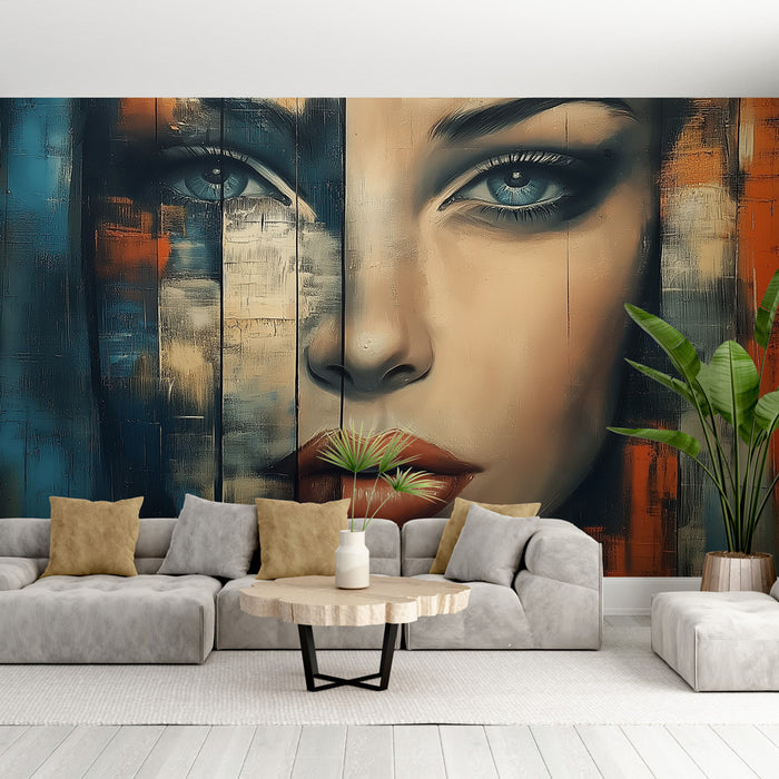 Papier peint artistique avec visage féminin stylisé aux couleurs vibrantes pour salon moderne.