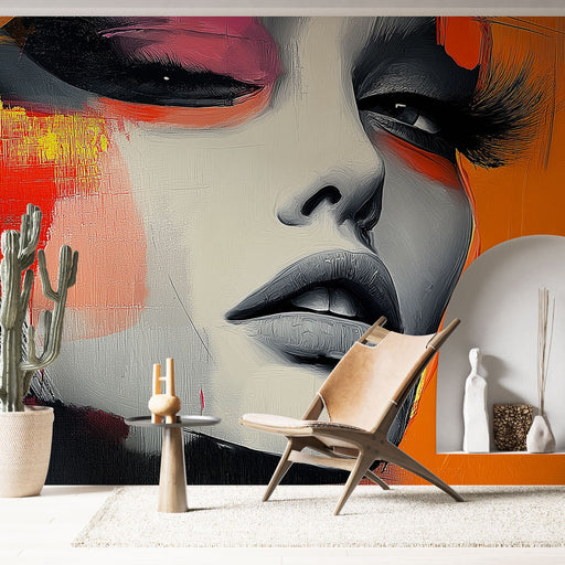 Papier peint artistique avec visage féminin stylisé et couleurs vives pour salon moderne.