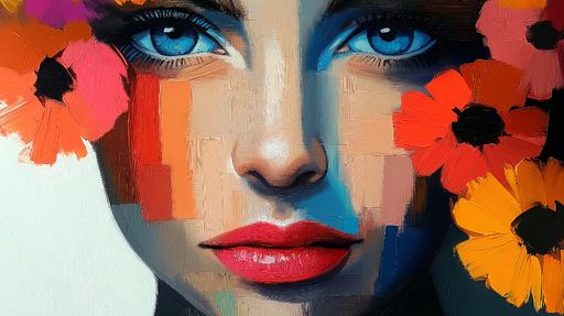 Papier peint portrait artistique Visage féminin stylisé avec des fleurs colorées