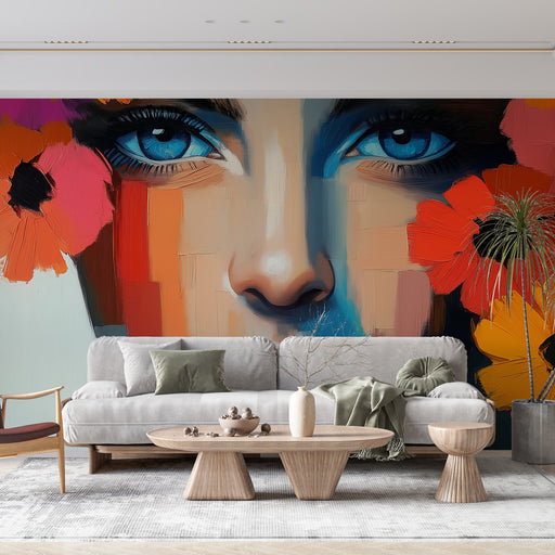 Papier peint artistique avec visage féminin stylisé et fleurs colorées pour salon moderne
