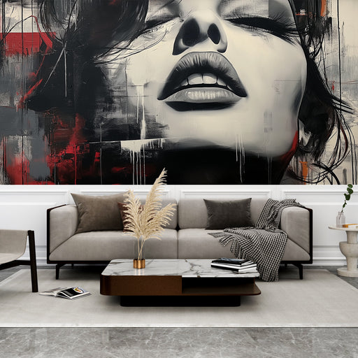 Papier peint artistique avec visage féminin stylisé sur fond abstrait pour salon moderne.