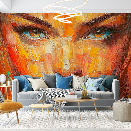 Papier peint artistique avec visage féminin vibrant aux couleurs chaudes pour salon moderne
