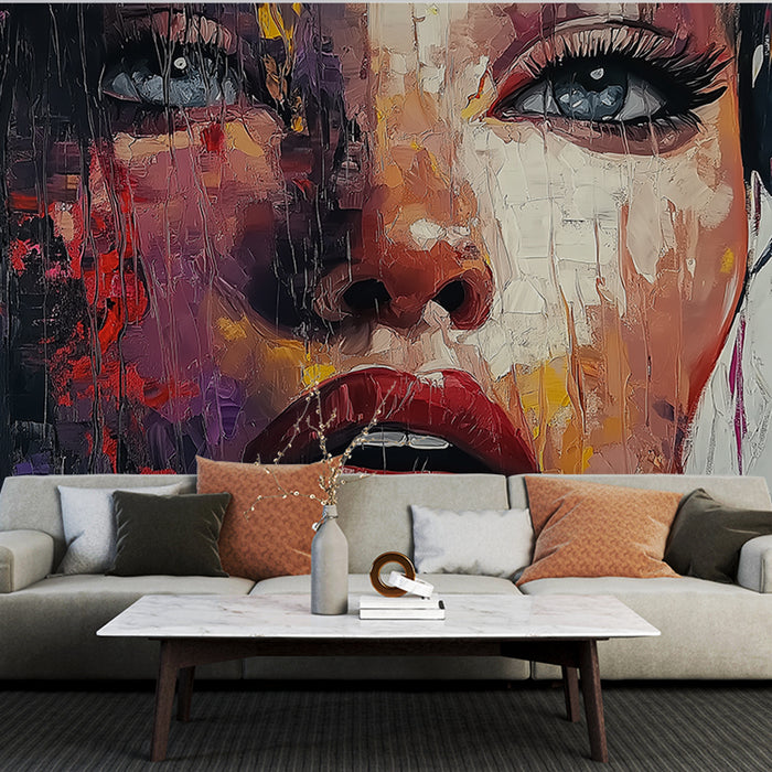 Papier peint artistique avec portrait féminin vibrant aux couleurs éclatantes pour salon moderne