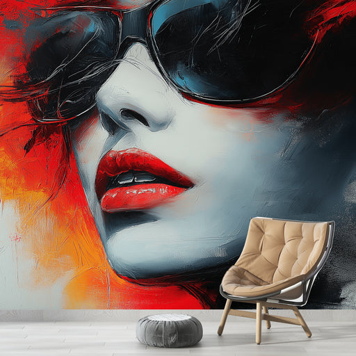 Papier peint artistique avec visage féminin vibrant et lunettes de soleil pour salon moderne