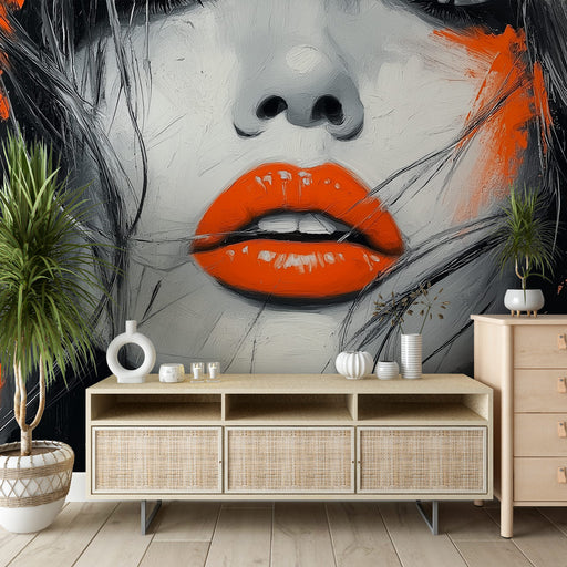 Papier peint artistique avec portrait de femme et lèvres orange audacieuses pour décoration murale moderne.