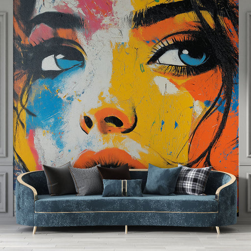Papier peint artistique avec visage stylisé aux couleurs vibrantes pour salon moderne