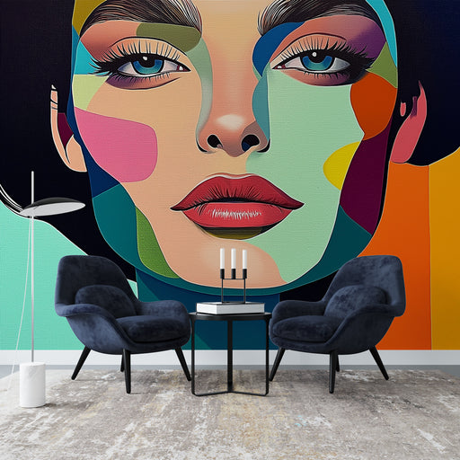 Papier peint artistique visage stylisé aux couleurs vives pour salon moderne et élégant