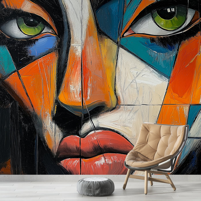Papier peint artistique avec visage stylisé, couleurs vives et formes géométriques pour salon moderne