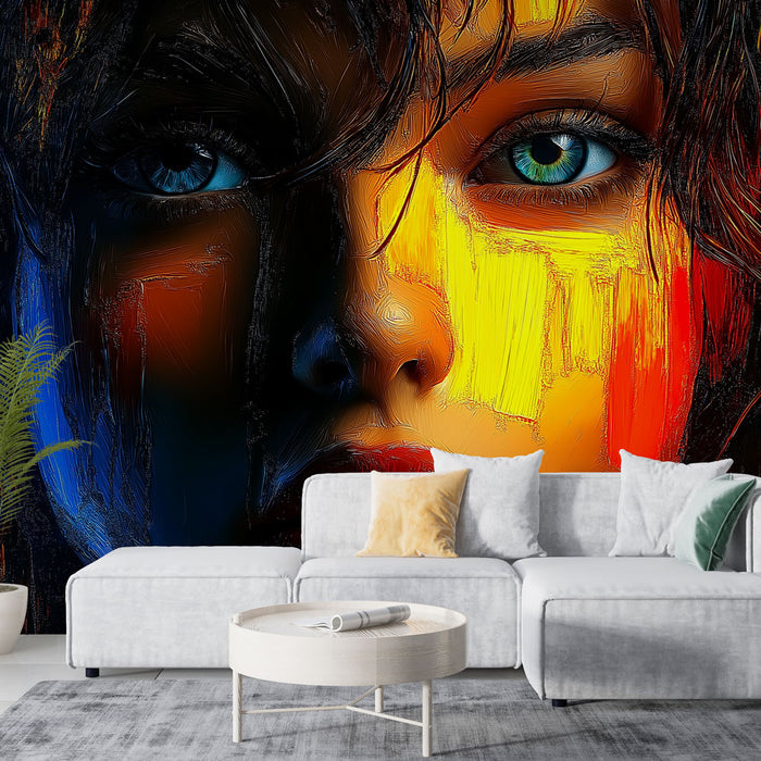 Papier peint artistique avec visage stylisé, couleurs vives et textures riches pour salon moderne.