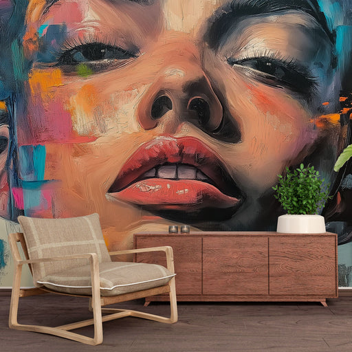 Papier peint artistique avec portrait stylisé et touches de couleur vives pour salon moderne