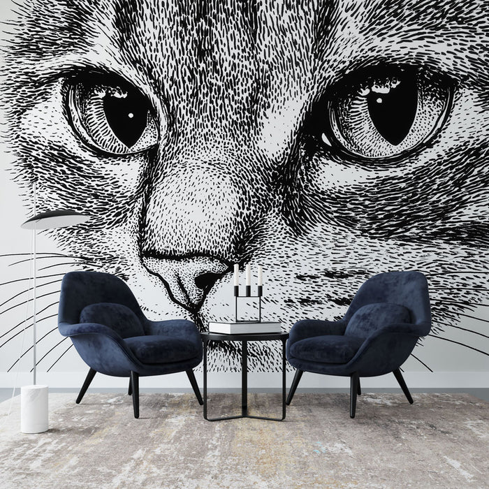 Une pièce moderne avec un papier peint représentant un grand visage de chat en noir et blanc, créant une atmosphère artistique et intrigante.