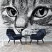 Une pièce moderne avec un papier peint représentant un grand visage de chat en noir et blanc, créant une atmosphère artistique et intrigante.