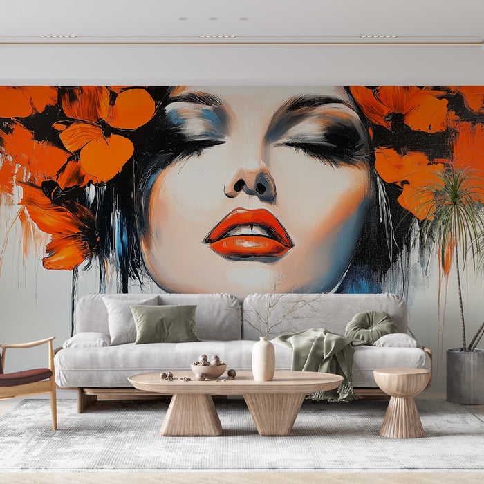 Papier peint artistique avec portrait féminin et fleurs orange pour salon moderne.